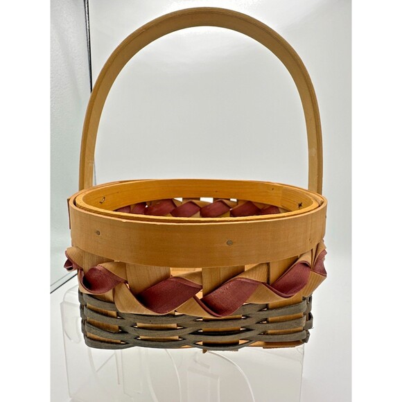 Vintage Handwoven Wood Basket w/ Burgundy Ribbon Trim – 8x7 Oval Carry Basket - Picture 4 of 6